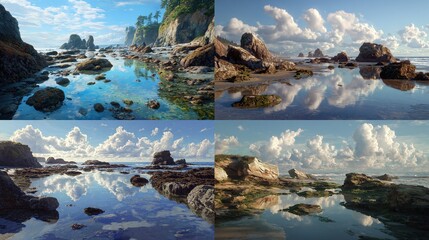 Four coastal vistas of rocky shores, tidal pools mirroring puffy clouds and bright blue skies