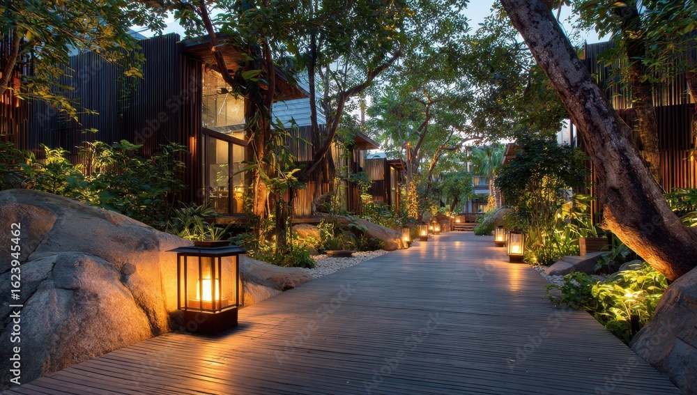 Poster a tranquil wooden pathway illuminated by lanterns winds through lush greenery and modern architectur