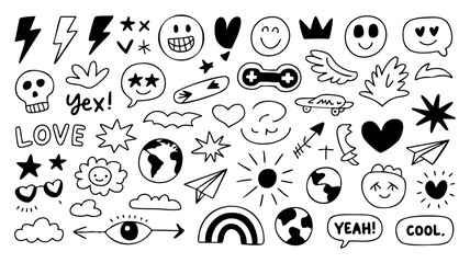 Obraz premium Collection of various black and white doodles isolated on white background, including hearts and stars