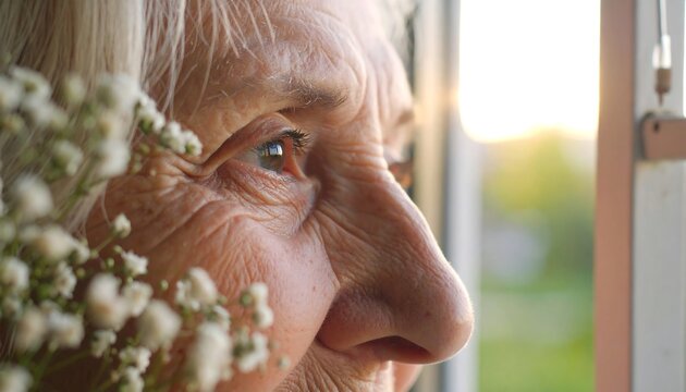 Close-up of elderly woman looking out window - Powered by Adobe