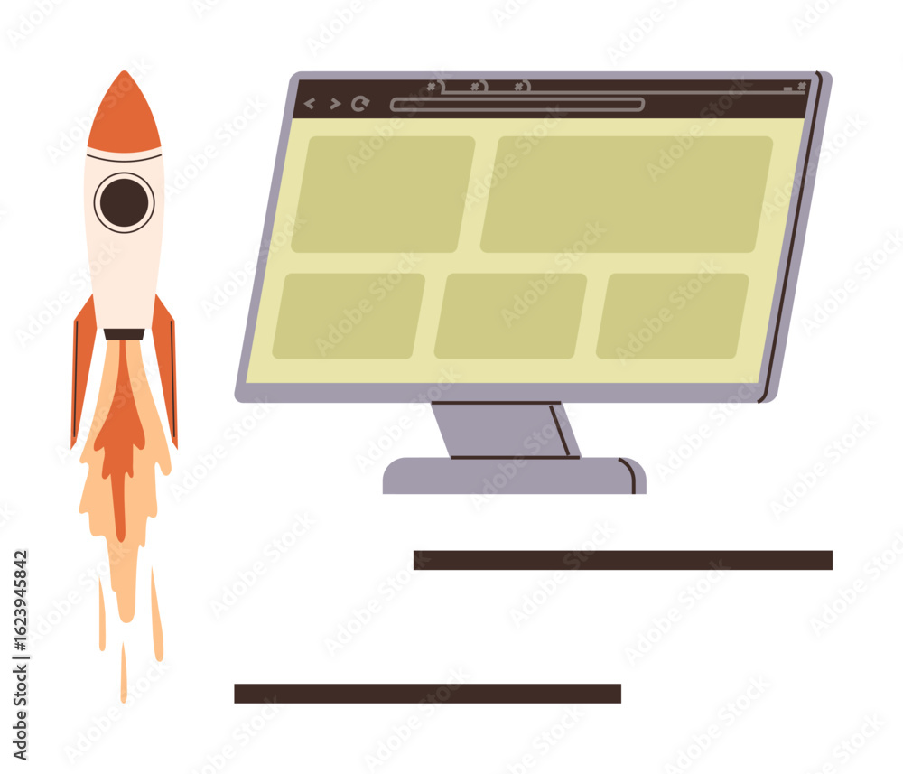 Poster rocket blasting off beside a computer monitor with website layout. ideal for innovation, startup lau