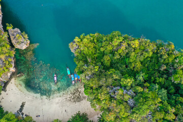 Aerial view of Krabi - Railay beach seen from a drone. One of Thailand's most famous luxurious...