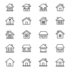 Art of collection of various house outline icons isolated on white background, representing different architectural styles and designs