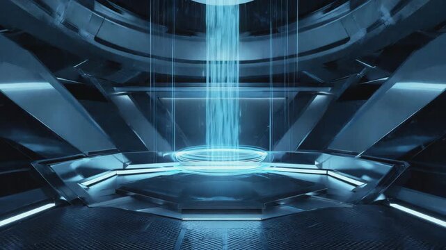 Futuristic teleportation room with glowing portal and geometric design, ideal for science fiction