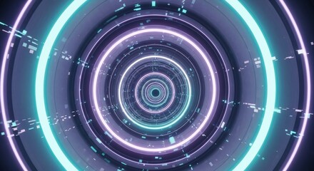 An immersive view down a futuristic digital tunnel made of glowing concentric rings in cyan and purple light.