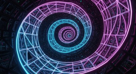 Abstract glowing neon spiral tunnel with geometric wireframe structure receding into infinity.