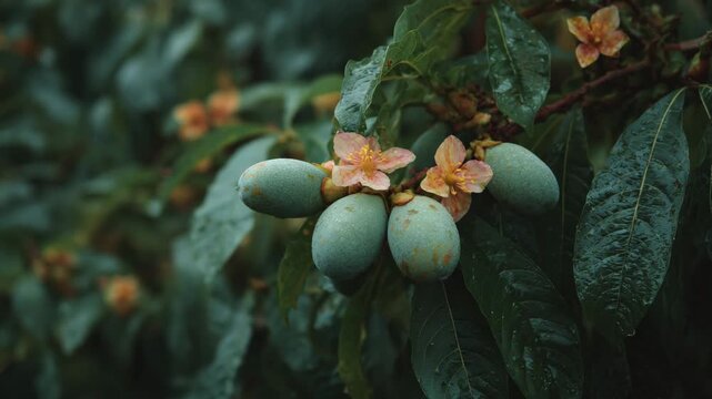 poppy seed heads, mango on tree in a garden, orchard