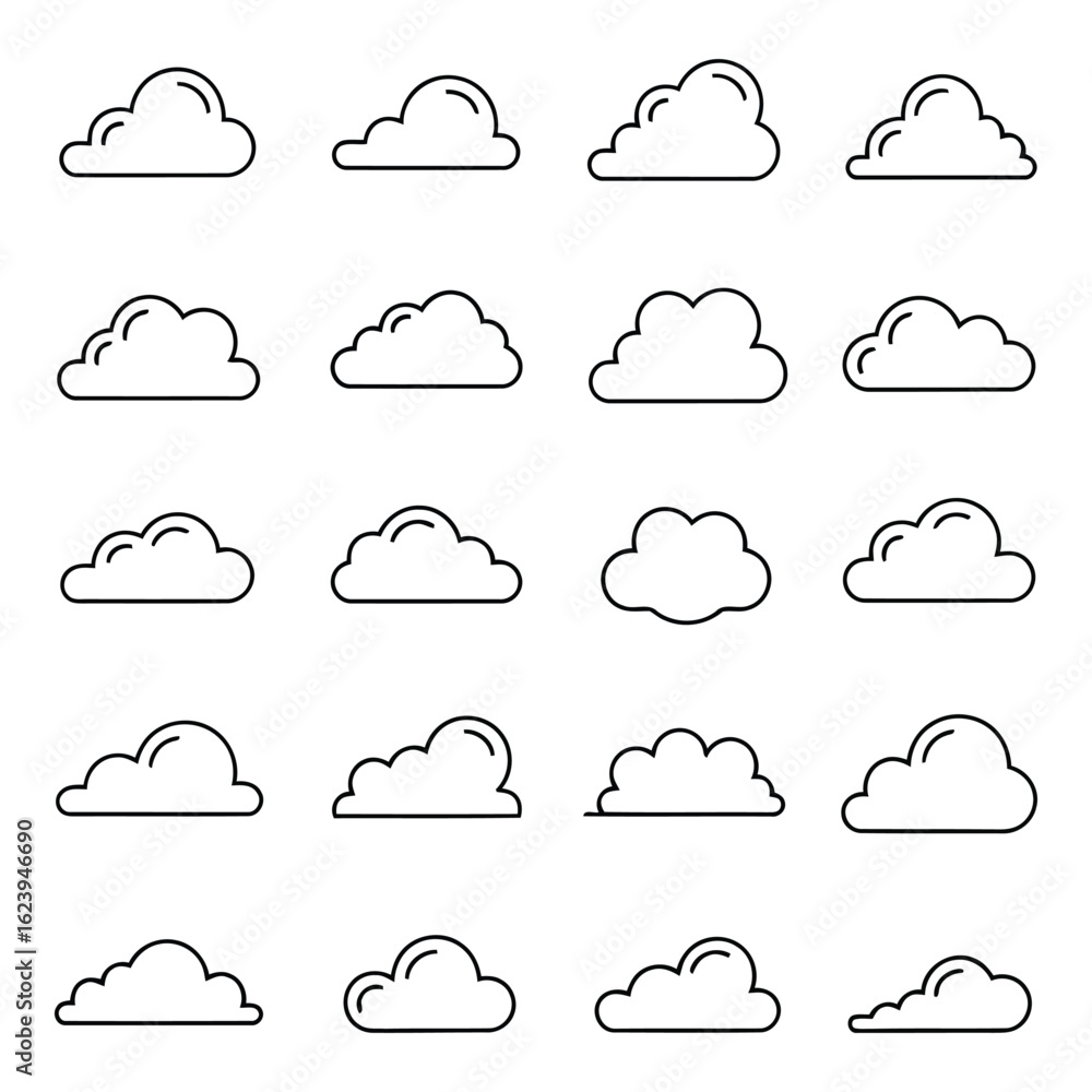 Poster art of collection of simple outline cloud icons in various shapes and styles, representing weather a