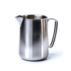 Stainless steel milk frothing pitcher isolated on white background