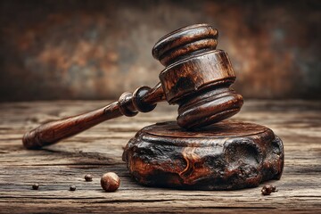 Wooden Gavel on Sound Block with Symbolic of Justice, Law, and Court  Legal System.