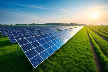 Solar Panels In Green Field Generating Renewable Energy With Sunlight For Clean Sustainable Power And Environmental Technology