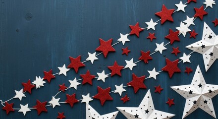 Fototapeta premium Festive Red and White Star Garland on Deep Blue Wood Background