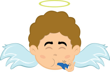 vector illustration face angel character cartoon, with his mouth blowing a whistle