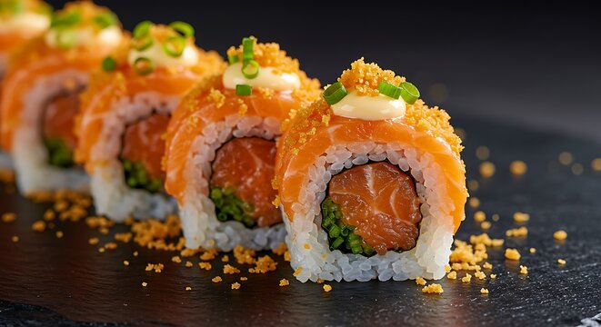 Delicious salmon sushi rolls, expertly prepared, topped with crispy crumbs and mayonnaise, garnished with green onions.