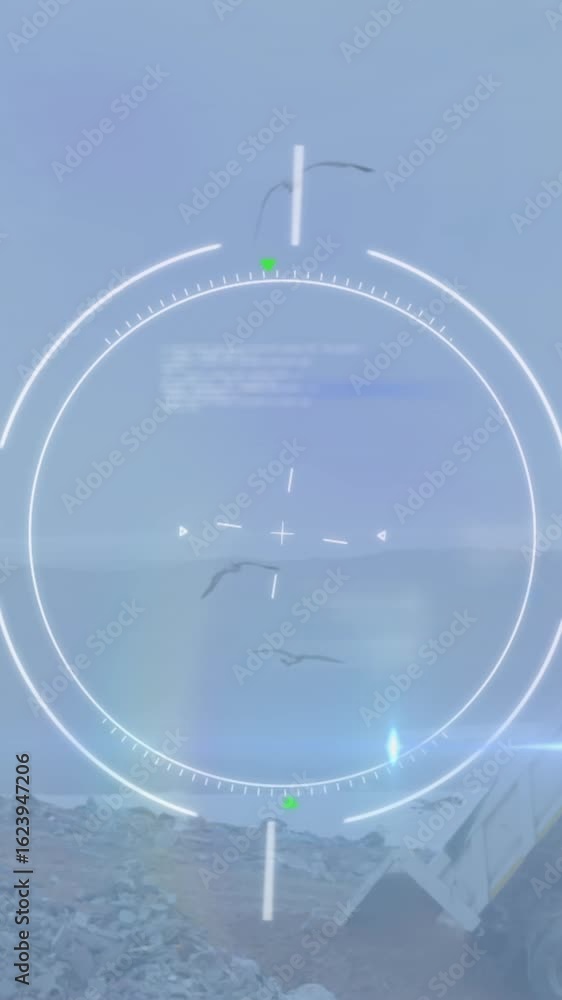 Poster animation of graphical circle rotating with data over garbage on landfill against clear sky