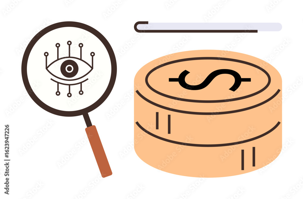 Aufkleber magnifying glass with eye and circuit, stack of coins with dollar sign, stylized pointer. ideal for 