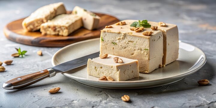 Marble halva on a plate in cut with knife, dessert presentation