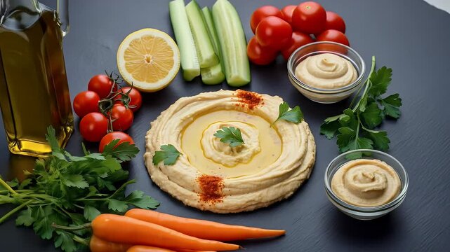 Delicious homemade hummus with fresh ingredients and vibrant garnishes, perfect for healthy eating.