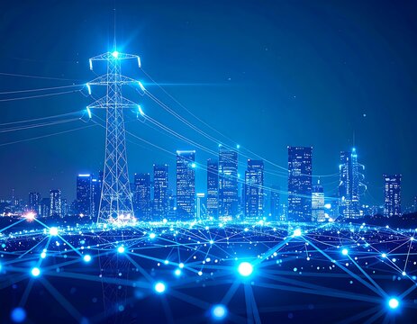 Cityscape at night, connected by a network