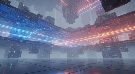 Futuristic digital cityscape with glowing neon lines and floating geometric structures in a hazy atmosphere.