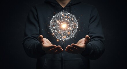Glowing Network Sphere Held in Hands, Dark Hoodie, Technology Concept