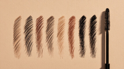 Flat lay composition showcasing various shades of mascara swatches alongside mascara wand, highlighting diversity in color and texture