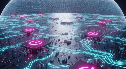A futuristic cityscape with glowing circuits and interconnected digital pathways, featuring numerous small figures interacting within a vast, technologically...