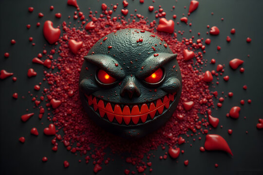 Grinning Monster Face Surrounded by Red Hearts on Dark Background