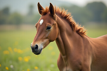 Obraz premium Chestnut Foal Portrait in Meadow Young Horse Standing Calmly