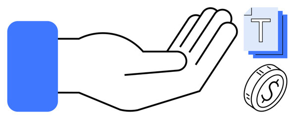 Open human hand, stack of text documents, coin symbol. Ideal for generosity, sharing, donation, trade, resource management education and digital services. Simple landing page