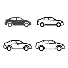 Fototapeta premium Art of collection of four sedan car icons, showcasing different styles and perspectives, isolated on a clean white background