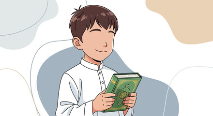 Smiling Young Muslim Boy Holding Holy Book. Peaceful Child Learning Quran. Islamic Education and Spirituality Illustration.