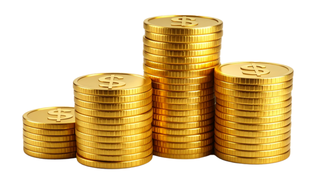 Stunning stacks of golden coins with a prominent dollar sign. Perfect for finance, wealth, investment, success, and business themes. Isolated on a transparent background.