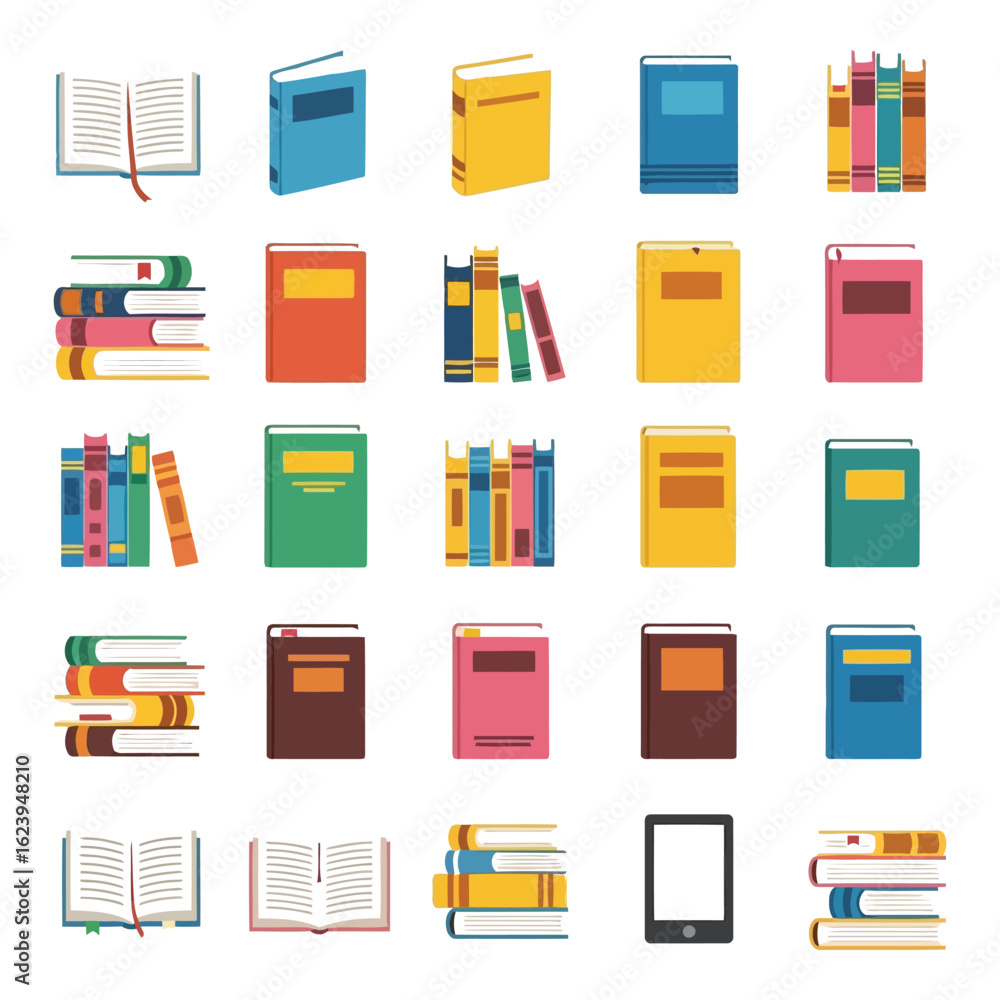 Poster art of a vibrant collection of colorful books, open and closed, neatly arranged in stacks and on she