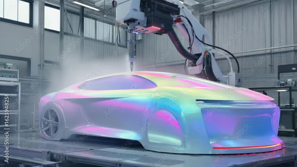 Poster automated robotic arm painting a futuristic iridescent car in a factory setting production