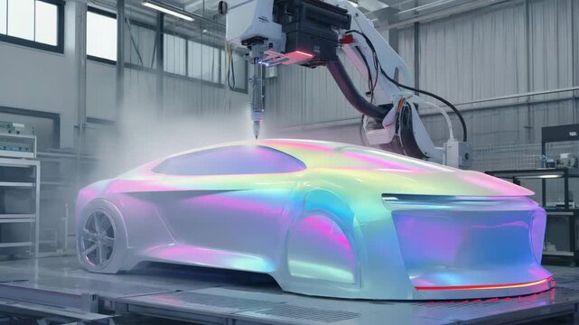 Automated robotic arm painting a futuristic iridescent car in a factory setting production