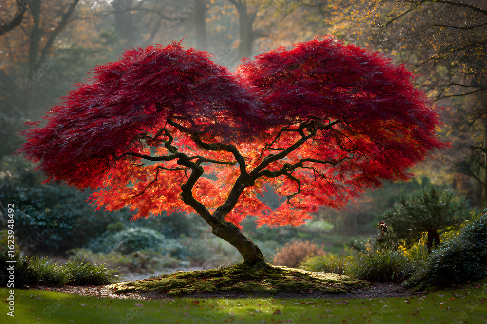 Poster vibrant red maple tree in autumn illuminated by soft morning light in serene garden setting