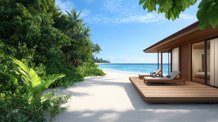 Fototapeta premium Serene beachfront bungalow with wooden deck, tropical plants, blue sky, and calm ocean view