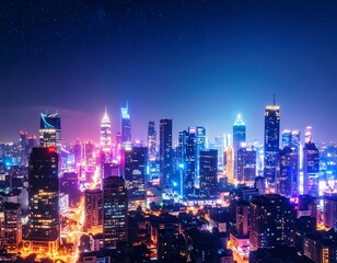 Cityscape at night with vibrant lights