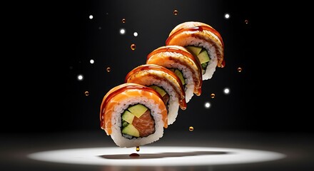A dynamic row of levitating uramaki sushi rolls with eel and avocado under a dramatic spotlight.