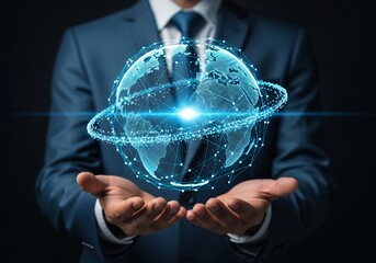 Businessman hand holding a virtual world map and digital screen concept