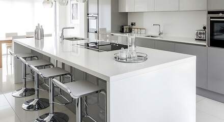 Modern, bright, and spacious kitchen island with sleek white countertops, chrome bar stools, and contemporary appliances, illuminated by natural light.