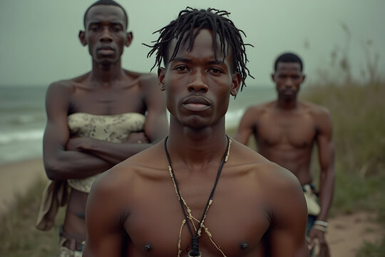 Three Men Standing Near the Sea on an Overcast Day
