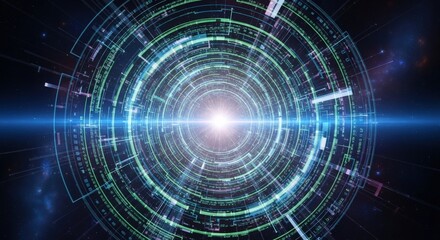 Obraz premium A futuristic high-tech portal with glowing blue concentric circles and a bright central light.