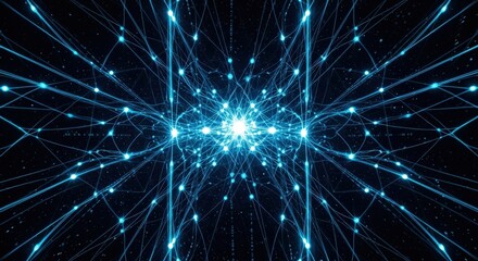 Abstract visualization of a complex digital network with glowing blue nodes and connections converging towards a bright central core.