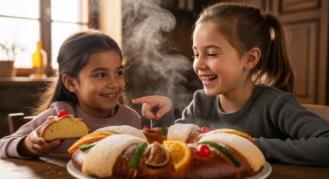 Joyful Girls Sharing Steaming Rosca de Reyes, Epiphany Celebration, Festive Tradition