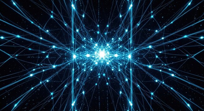 Abstract visualization of a complex digital network with glowing blue nodes and connections converging towards a bright central core.