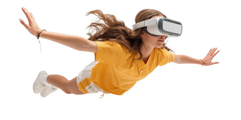 People floating in mid-air wearing VR headset in futuristic digital simulation