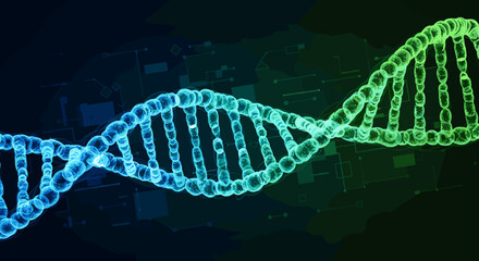 Detailed dna double helix structure in blue and green hues against a dark complex background design