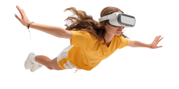 People floating in mid-air wearing VR headset in futuristic digital simulation